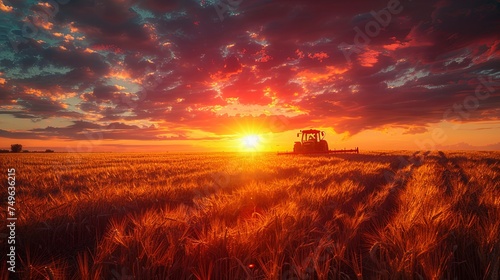 combine harvester cropping yellow wheat in the autumn field, dark turquoise and light crimson, red and indigo, dark gold and crimson. Generative AI photo