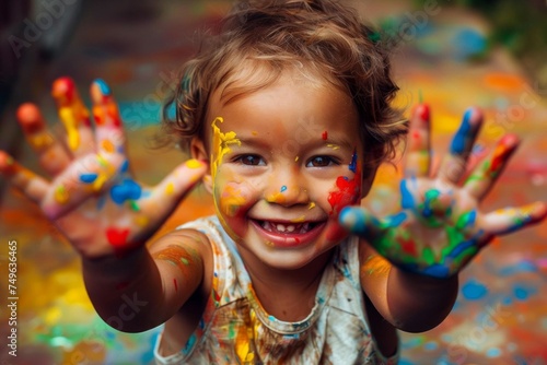 Joyful Child with Colorful Paint-Covered Hands and Face