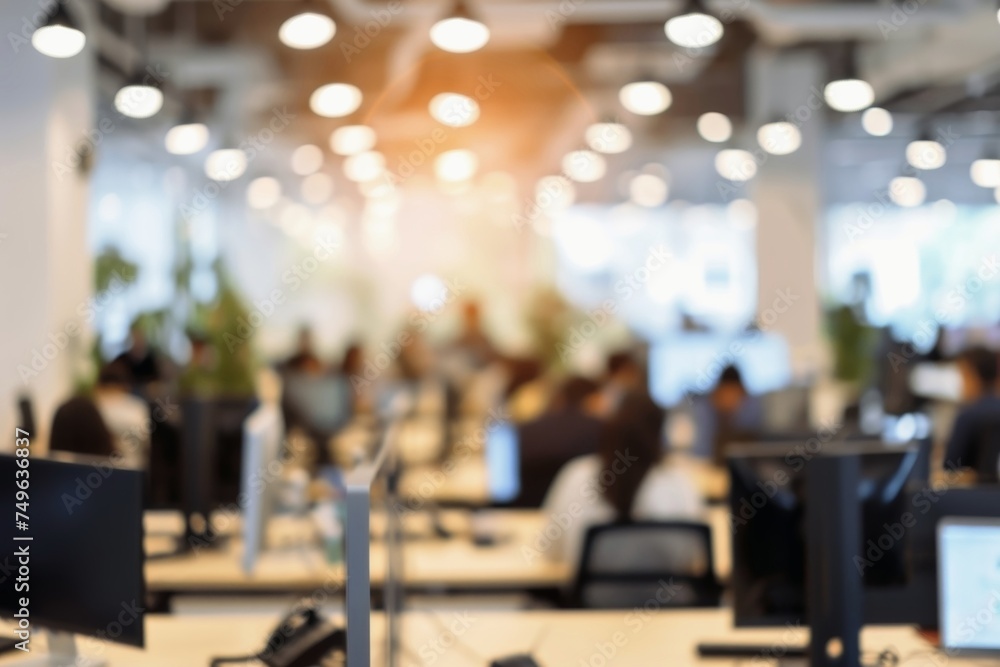 View into an large office with many people working in the blurred background. View into an large office with many people working in the blurred background.