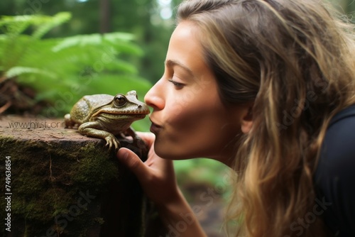 A close up of a young woman kissing a frog.