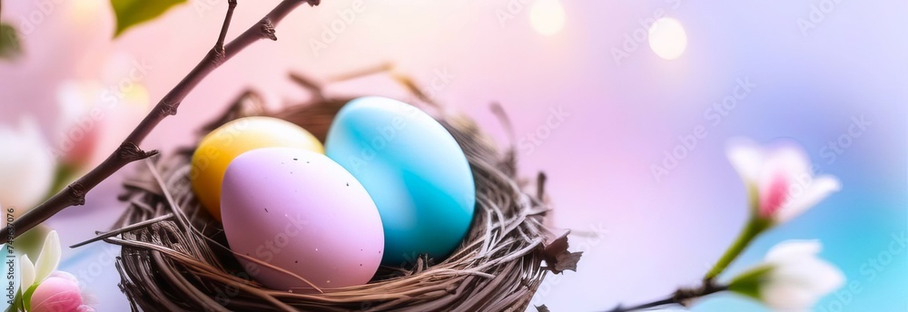 small birds nest with 3 pastel-colored eggs on blooming tree branch against blurred pink blue background. banner with copy space, template. concepts: spring awakening, Easter celebrations.