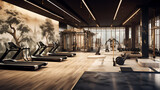 A gym interior inspired by ancient Chinese culture, incorporating elements of Chinese art and philosophy.