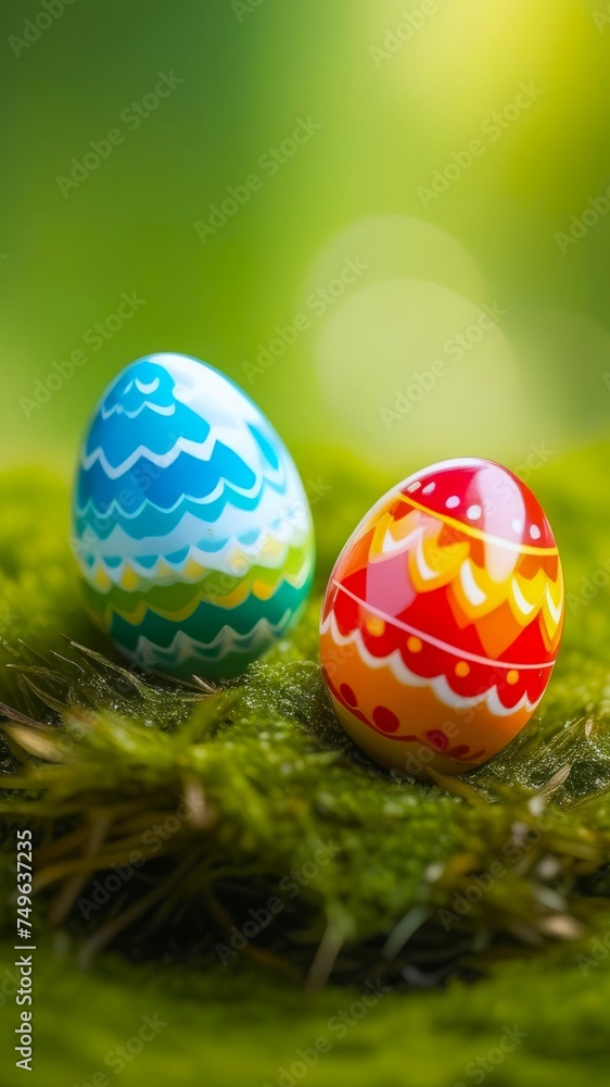 two vibrant painted Easter eggs in moss, blurred green background. vertical Easter background, story, greeting card. concepts: Easter celebration, Easter eggs hunt, Easter background. two vibrant painted Easter eggs in moss, blurred green background. vertical Easter background, story, greeting card. concepts: Easter celebration, Easter eggs hunt, Easter background.
