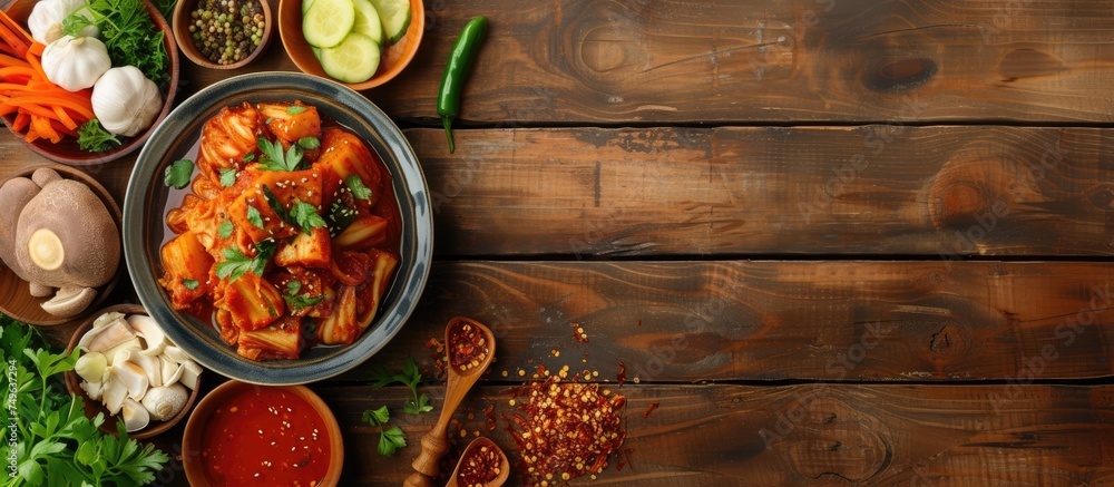A wooden table is adorned with bowls filled with delicious, traditional Korean Kimchi, showcasing a perfect blend of flavors and cultural influences. A wooden table is adorned with bowls filled with delicious, traditional Korean Kimchi, showcasing a perfect blend of flavors and cultural influences.