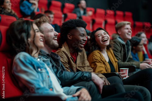Friends at the cinema, interracial group enjoying their free time in the seats watching a movie