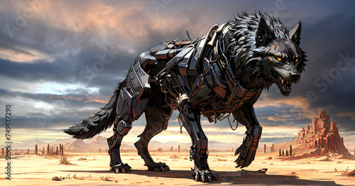 Robotic wolf in a dystopian wilderness.
