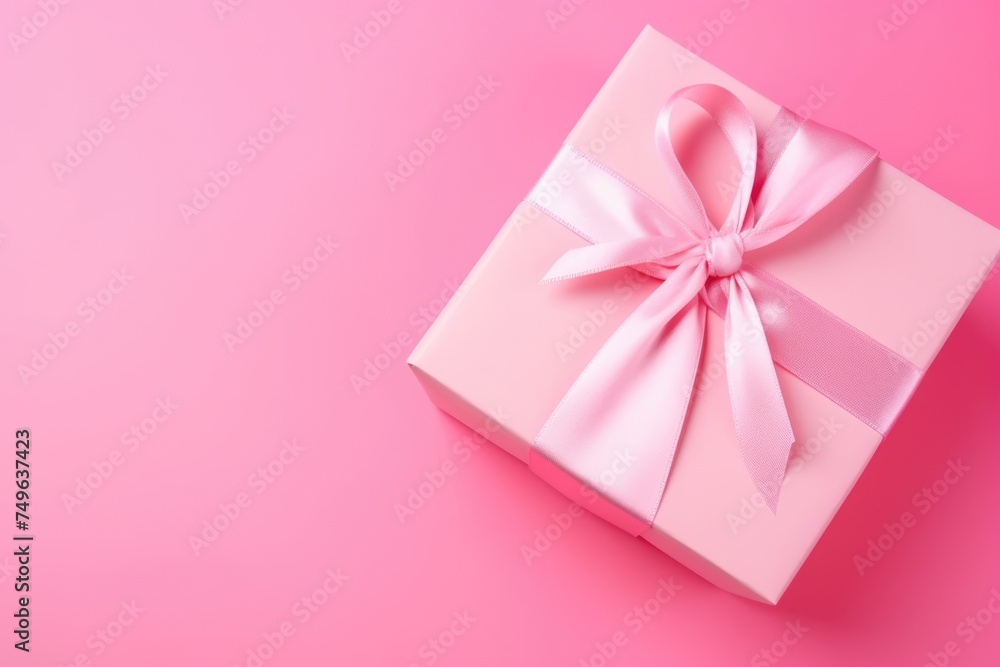 A beautifully wrapped pink gift box with a satin ribbon on a matching pink background, ideal for special occasions.