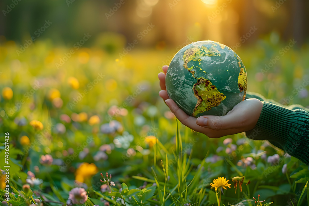 Child Holding Planet Earth in a Field An Environmental Concept Child Holding Planet Earth in a Field An Environmental Concept