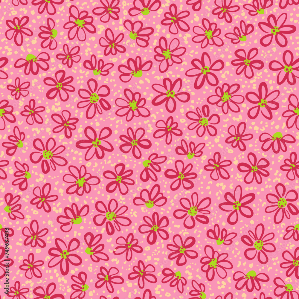 Cute, retro flowers with dots seamless repeat pattern. Random placed, vector hand drawn botany aop all over print on pink background.
