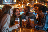 Group of friends in a bar, enjoying interracial friendship with a drink and beer in a bright local