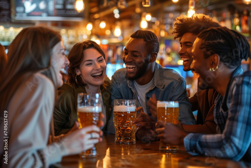 Group of friends in a bar  enjoying interracial friendship with a drink and beer in a bright local