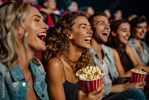 Friends at the cinema, laughing and enjoying popcorn while watching a comedy movie sitting in their seats