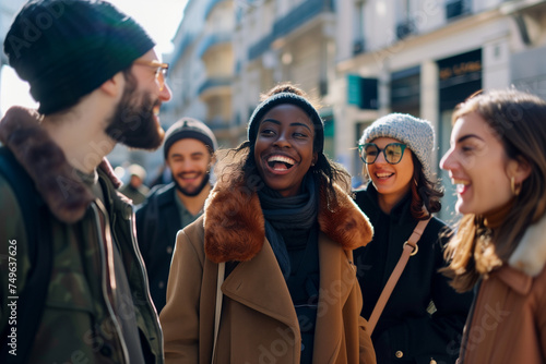 Friends strolling on a trip, interracial group of young people on a winter vacation in a foreign city © Simn