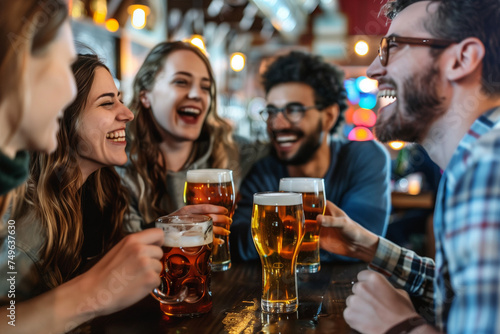Group of friends in a bar, enjoying beer and drinks from their mugs at the table in a local with big smiles and laughter