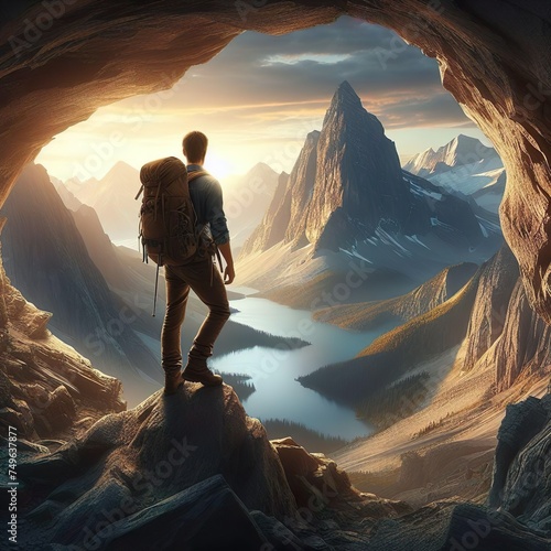 Adventurous Man Hiker standing in a cave with rocky mountains in background. Adventure Composite. 3d Rendering Peak. Aerial Image of landscape