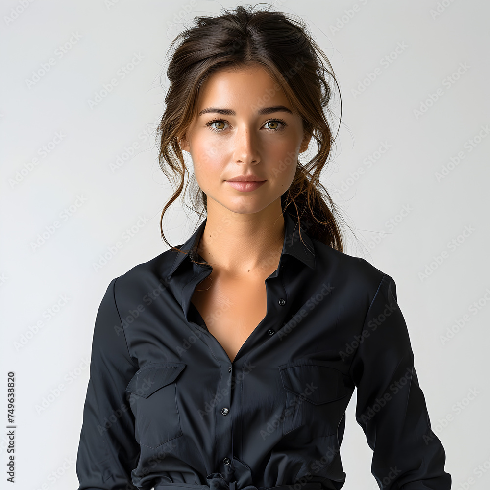 Woman in Black Shirt Dress and Pants with Pensive Look