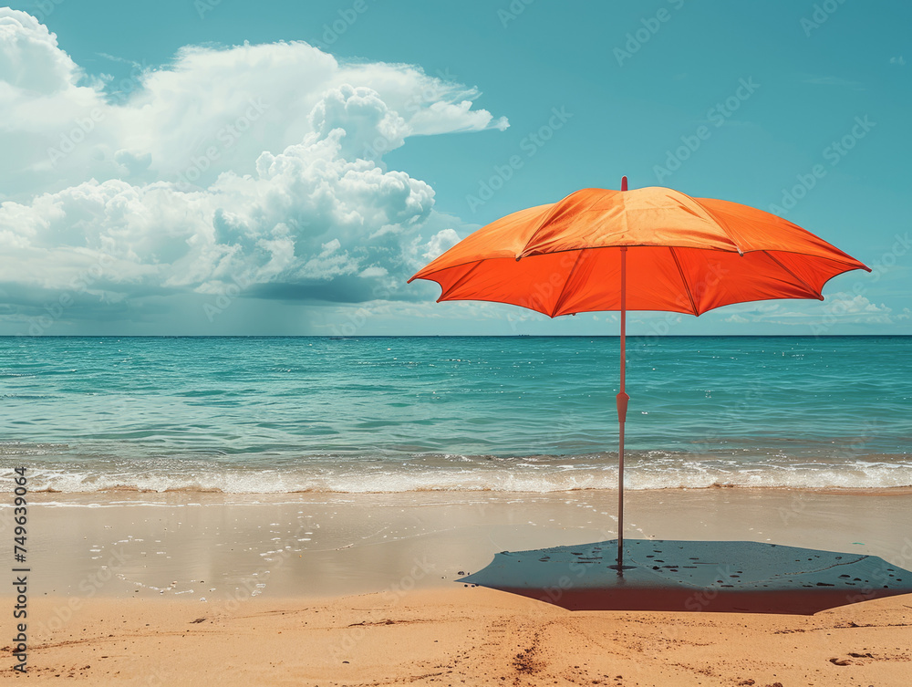 Bright Orange Beach Umbrella on Sunny Seashore