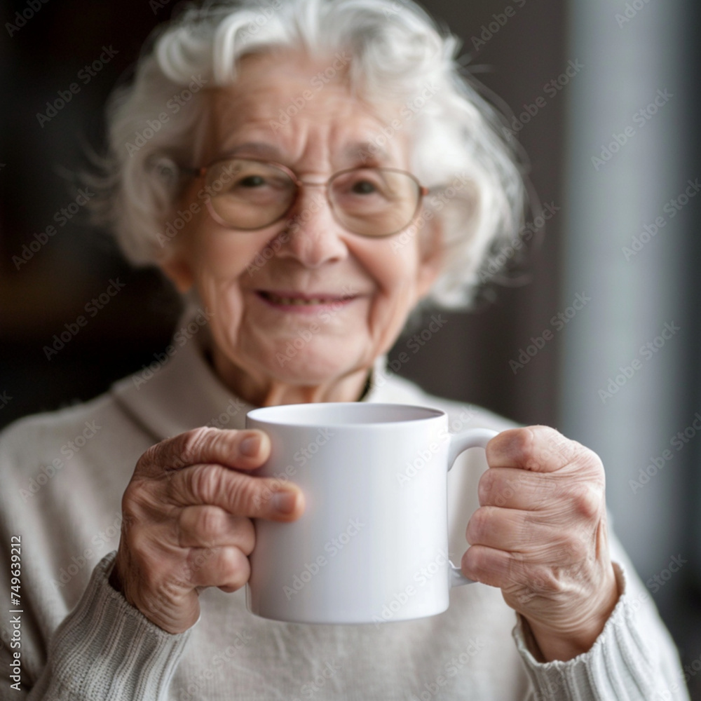 a smiling grandmother holding a blank white mug a smiling grandmother holding a blank white mug