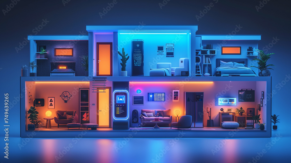 modern living room, concept of the Internet of Things with an image of a smart home, featuring various connected devices and appliances