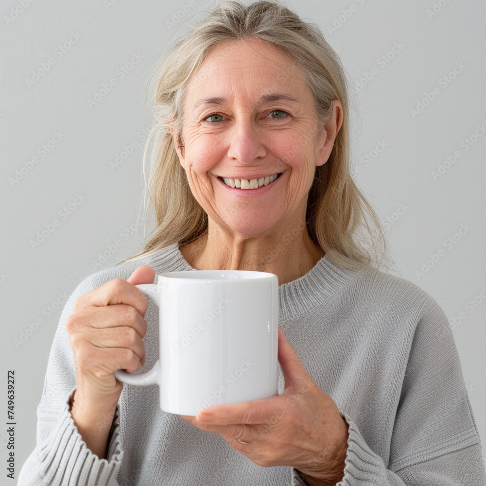 a smiling grandmother holding a blank white mug a smiling grandmother holding a blank white mug
