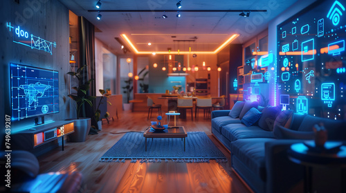 modern living room, concept of the Internet of Things with an image of a smart home, featuring various connected devices and appliances