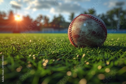 A baseball in the grassy field of a stadium. 