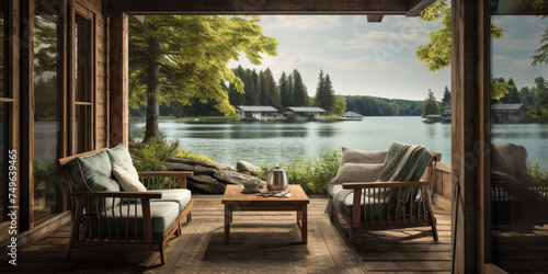 A rustic farmhouse with lake view in the late spring or early summer