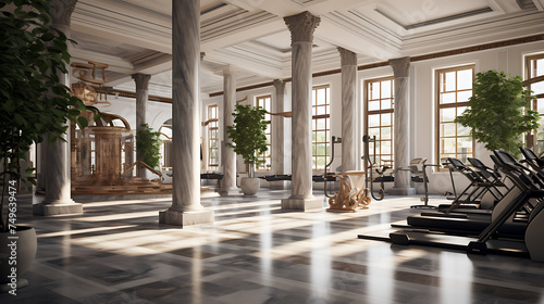 A gym interior inspired by ancient Greek architecture  with columns and marble accents.