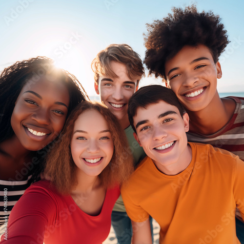 Five diverse Gen Z friends taking outdoor group selfie at the beach wearing bright colors. Summer fun, beach party, student travel, international, diversity. Square, social media. Group portrait. 