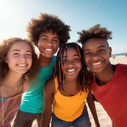 Four diverse teen friends taking outdoor group selfie at the beach wearing bright colors. Gen Z, summer fun, beach party, student travel, road trip, diversity. Square, social media. Group portrait.