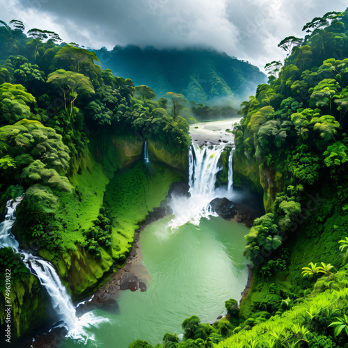 Lush green forest surrounds a cascading waterfall, its fresh water flowing into a rocky pool