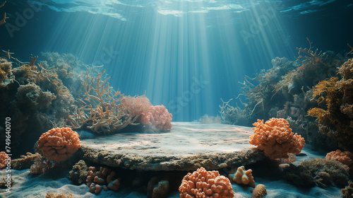 podium underwater themed coral reef background 