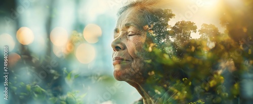 A reflective senior Indian woman's profile, seamlessly merged with a serene natural backdrop, evoking a sense of wisdom and peace.