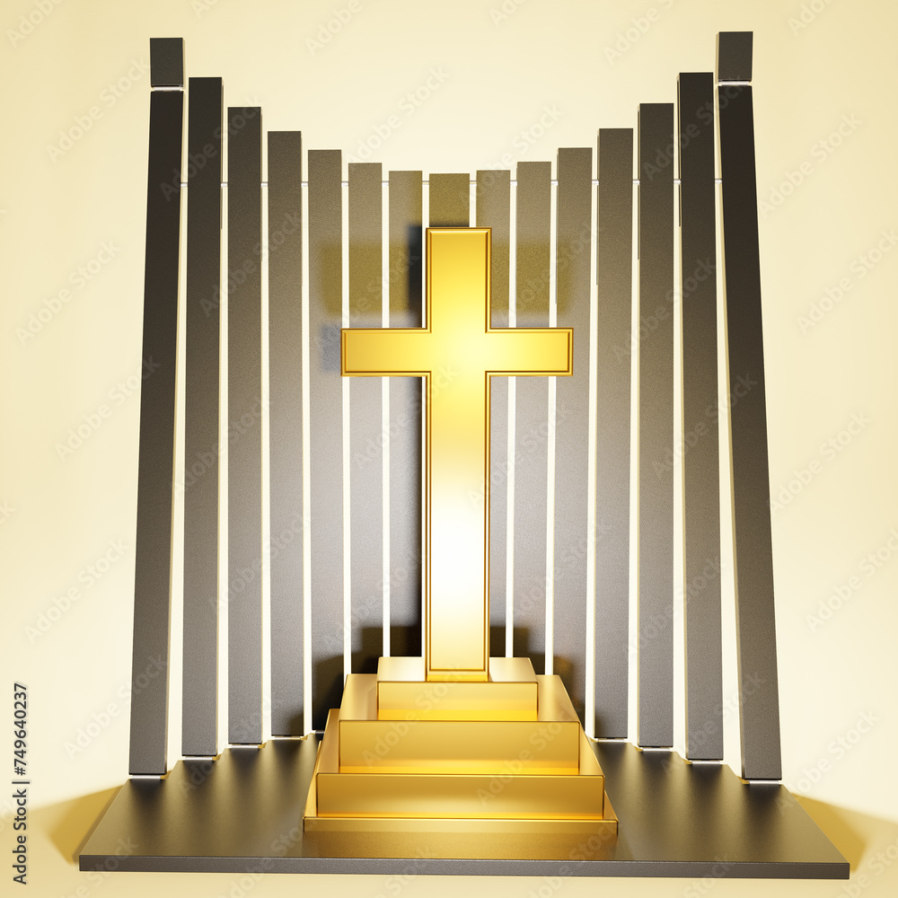 3D illustration of shining golden cross against wall