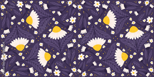 Seamless arrangement showcasing a midnight violet-colored daisy pattern. Chamomile recurring design on a purple surface