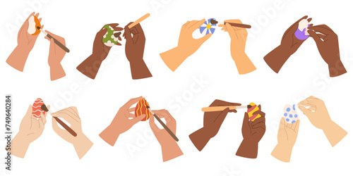 Collection with different hand that painting easter eggs. Painted egg holiday illustration. Vector flat style.