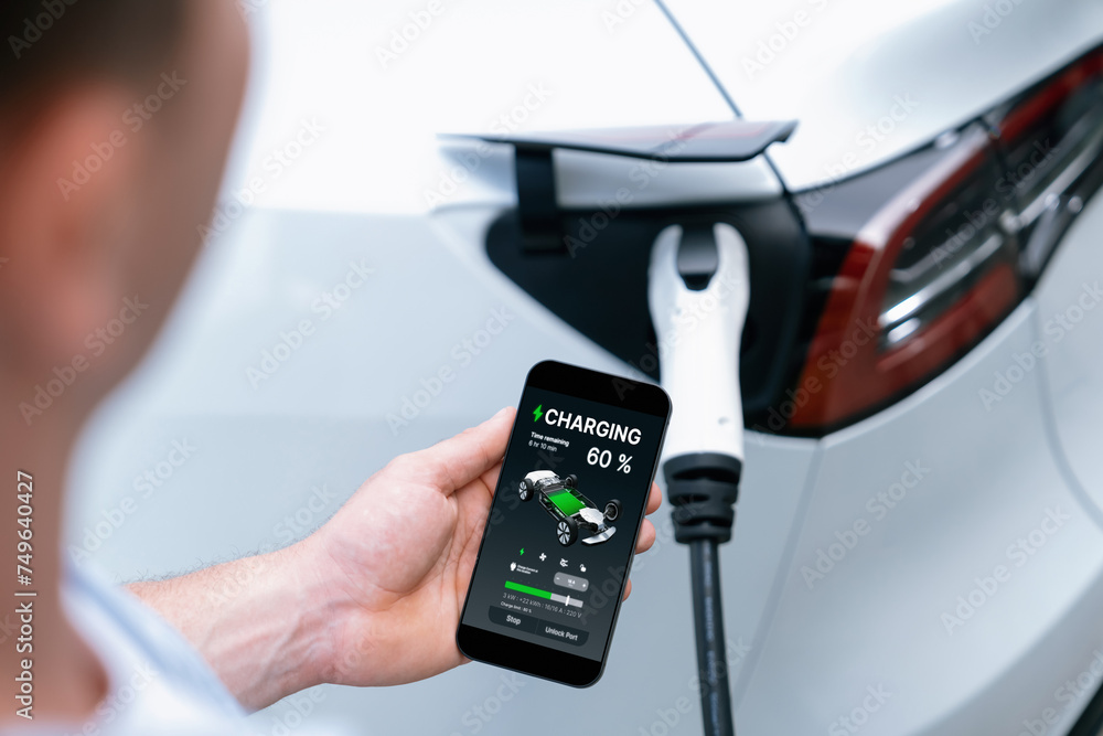 Modern eco-friendly man recharging electric vehicle from EV charging ...