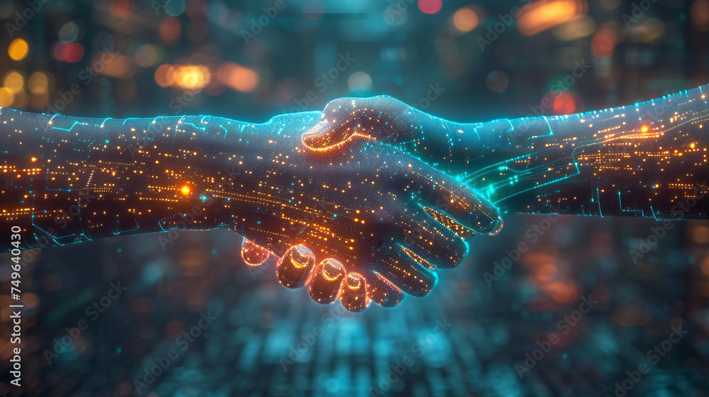 Two hands, illustrated with glowing circuit patterns, engage in a handshake against a technology-infused background. This image is perfect for: technology partnership, digital connection, innovation - obrazy, fototapety, plakaty 