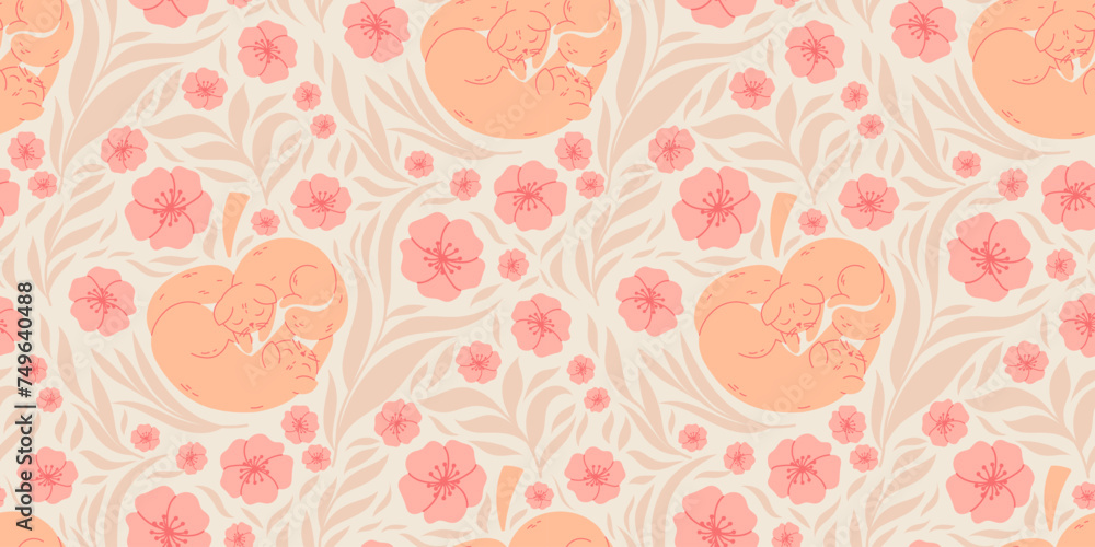 Seamless pattern with two cute cats, leaves and flowers in trendy peach color palette Seamless pattern with two cute cats, leaves and flowers in trendy peach color palette