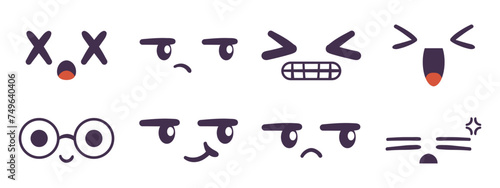Kawaii face expressing emotion and mood collection. Flat hand drawn vector illustrations set in comic manga or anime style