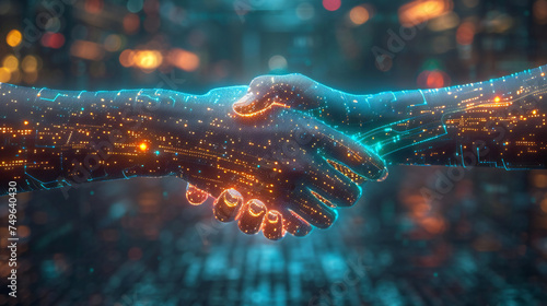 Two hands, illustrated with glowing circuit patterns, engage in a handshake against a technology-infused background. This image is perfect for: technology partnership, digital connection, innovation photo