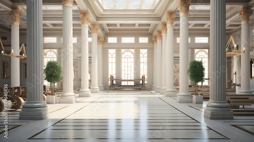 A gym interior inspired by ancient Greek architecture, with columns and marble accents.