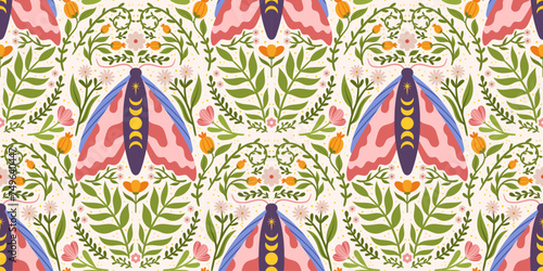 Seamless pattern with whimsical moth, flowers and leaves. Scandi style delicate folk repeated design for print on fabric, wrapping paper and other purpose