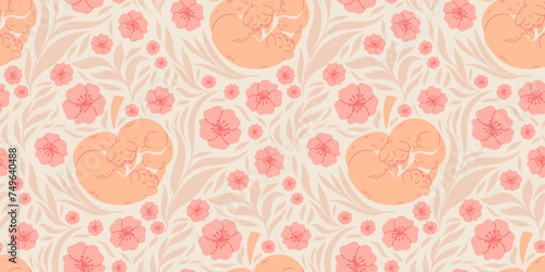 Seamless pattern with two cute cats, leaves and flowers in trendy peach color palette photo