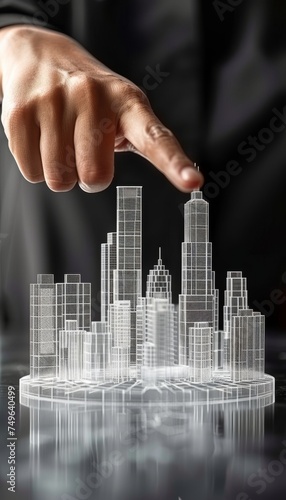 Businesswoman pointing at virtual reality commercial building hologram on digital hud background