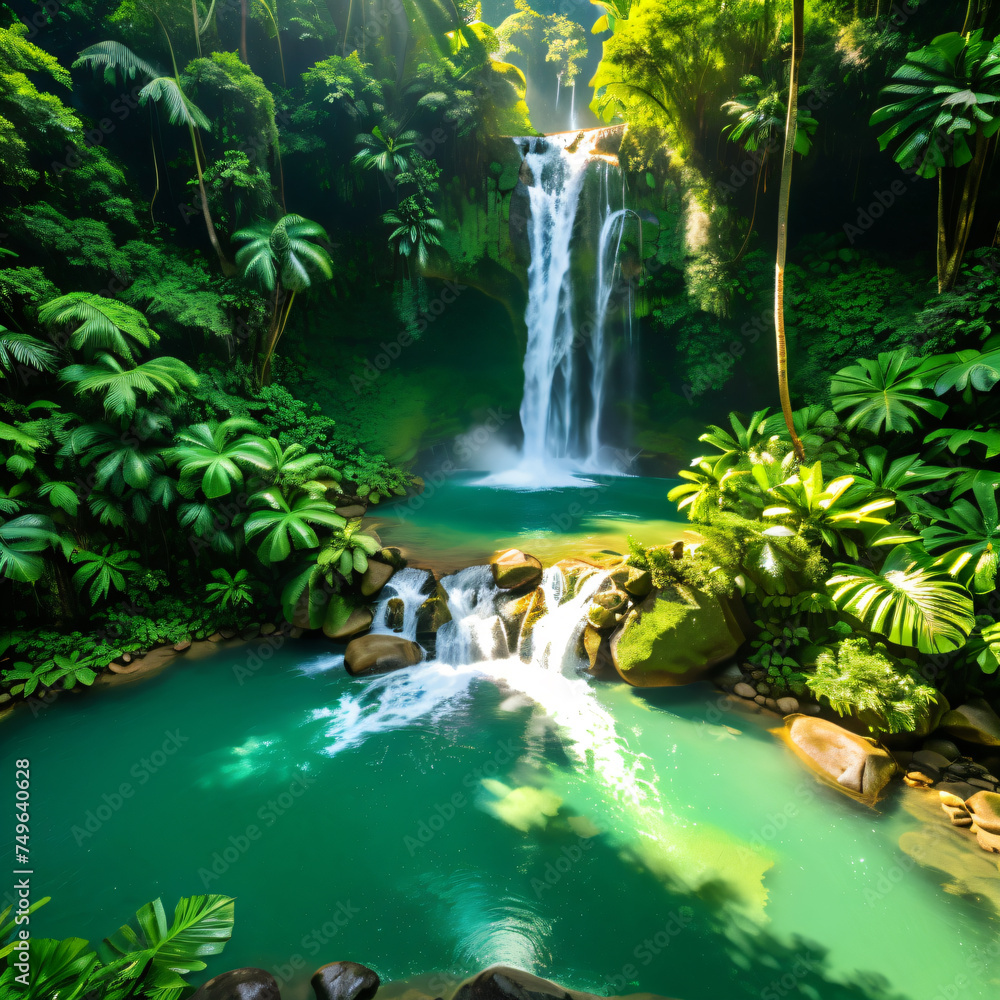 Lush green jungle waterfall cascades down moss-covered rocks into a refreshing pool Lush green jungle waterfall cascades down moss-covered rocks into a refreshing pool