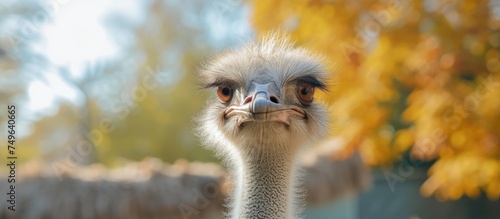 A curious ostrich is positioned in the foreground, gazing directly at the camera. The background is intentionally blurred, emphasizing the ostrichs quirky expression.