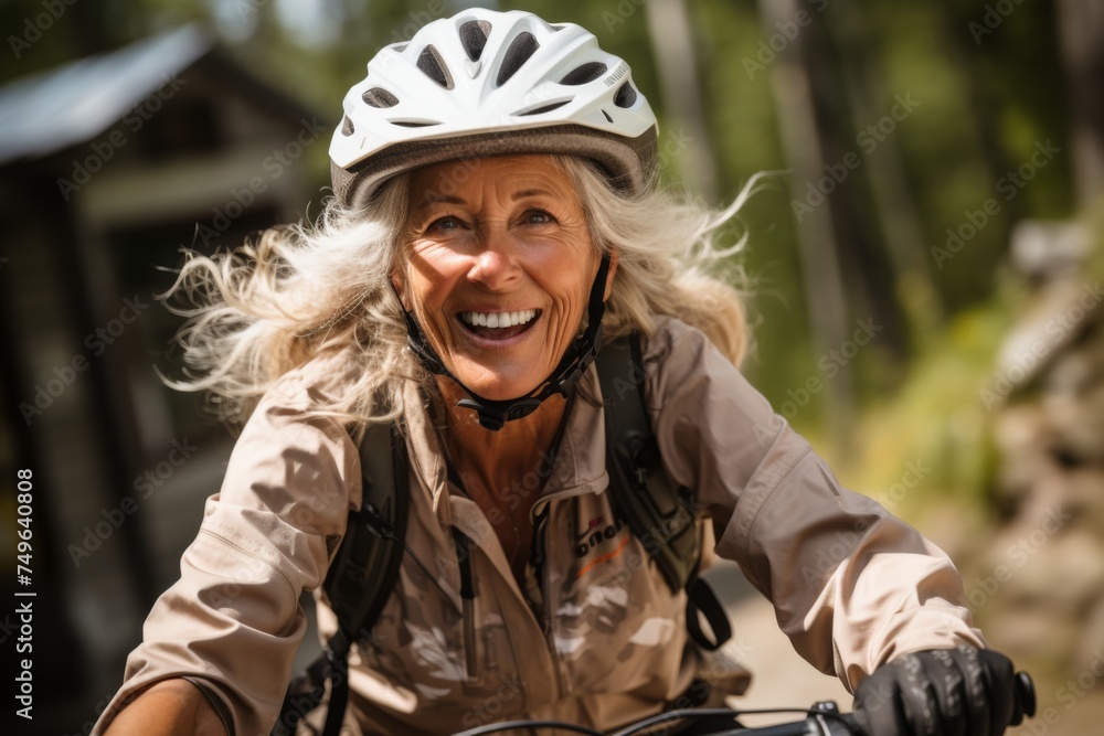 Senior Woman Joyfully Riding Her Bicycle on a Sunny Forest Trail Senior Woman Joyfully Riding Her Bicycle on a Sunny Forest Trail