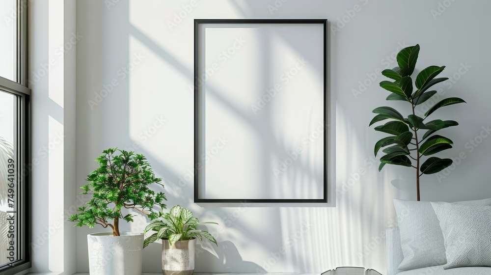 Black picture frame, minimalist style, hanging on the white wall behind. Add simplicity but elegance to the space. Black picture frame, minimalist style, hanging on the white wall behind. Add simplicity but elegance to the space.