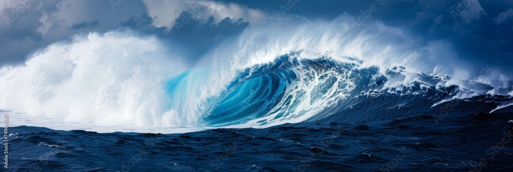 Powerful colossal ocean wave crashing under the vibrant blue sky in a dynamic side view perspective